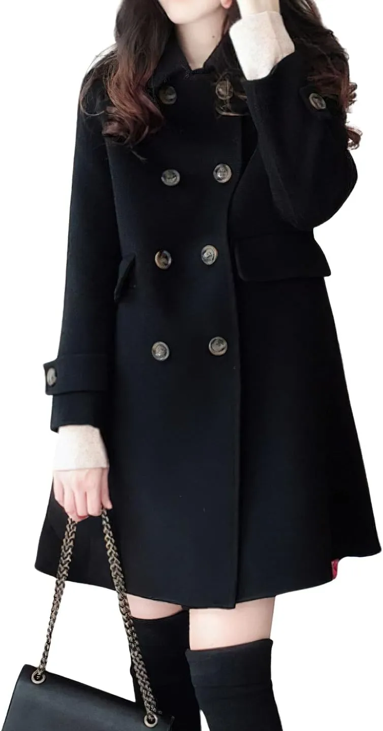 chouyatou Women's Elegant Lapel Collar Overcoat Mid Long Double Breasted Pea Coat Wool Blend Trench Coat