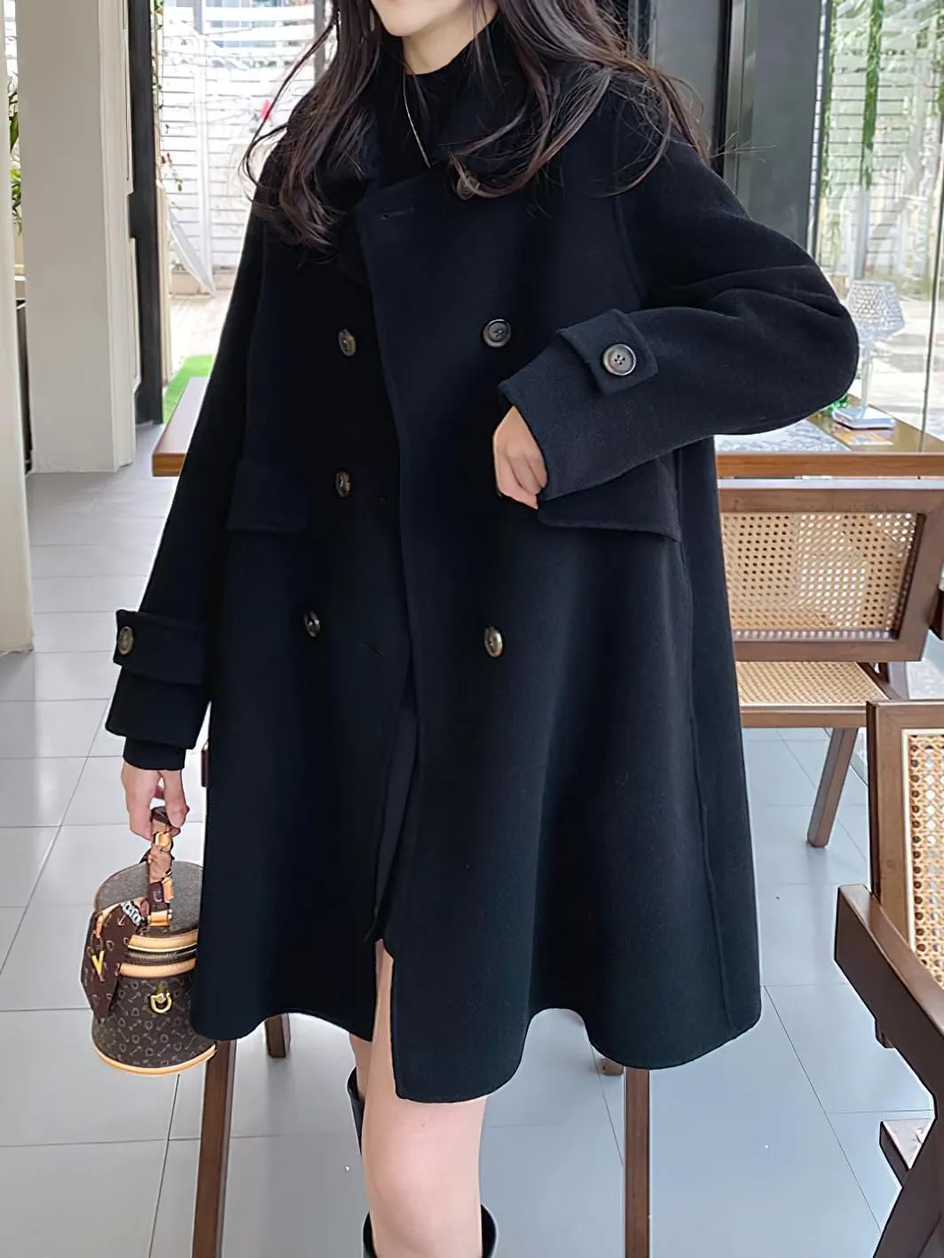chouyatou Women's Elegant Lapel Collar Overcoat Mid Long Double Breasted Pea Coat Wool Blend Trench Coat