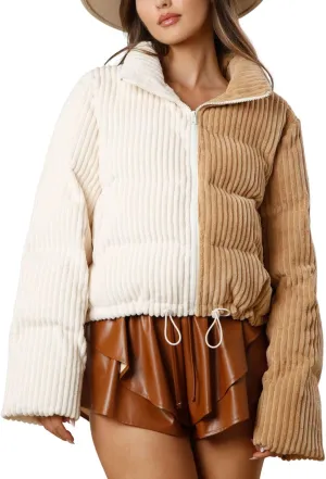 chouyatou Women's Winter Corduroy Cropped Puffer Quilted Jacket Color Block Zip Up Puffy Down Coat Outerwear