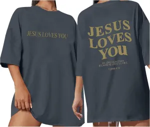 Christian Oversized Shirt for Women Jesus Love You T Shirts Religious Bible Verse Jesus Inspirational Loose Tees Top