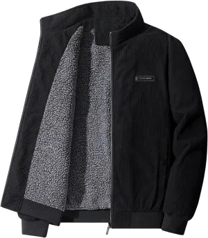 Corduroy Jackets for Men Full Zip Up Stand Collar Fleece Sherpa Lined Vintage Trucker Shackets Winter Coat with Pockets