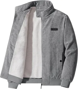 Corduroy Jackets for Men Full Zip Up Stand Collar Fleece Sherpa Lined Vintage Trucker Shackets Winter Coat with Pockets