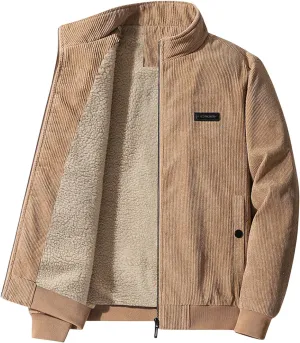 Corduroy Jackets for Men Full Zip Up Stand Collar Fleece Sherpa Lined Vintage Trucker Shackets Winter Coat with Pockets