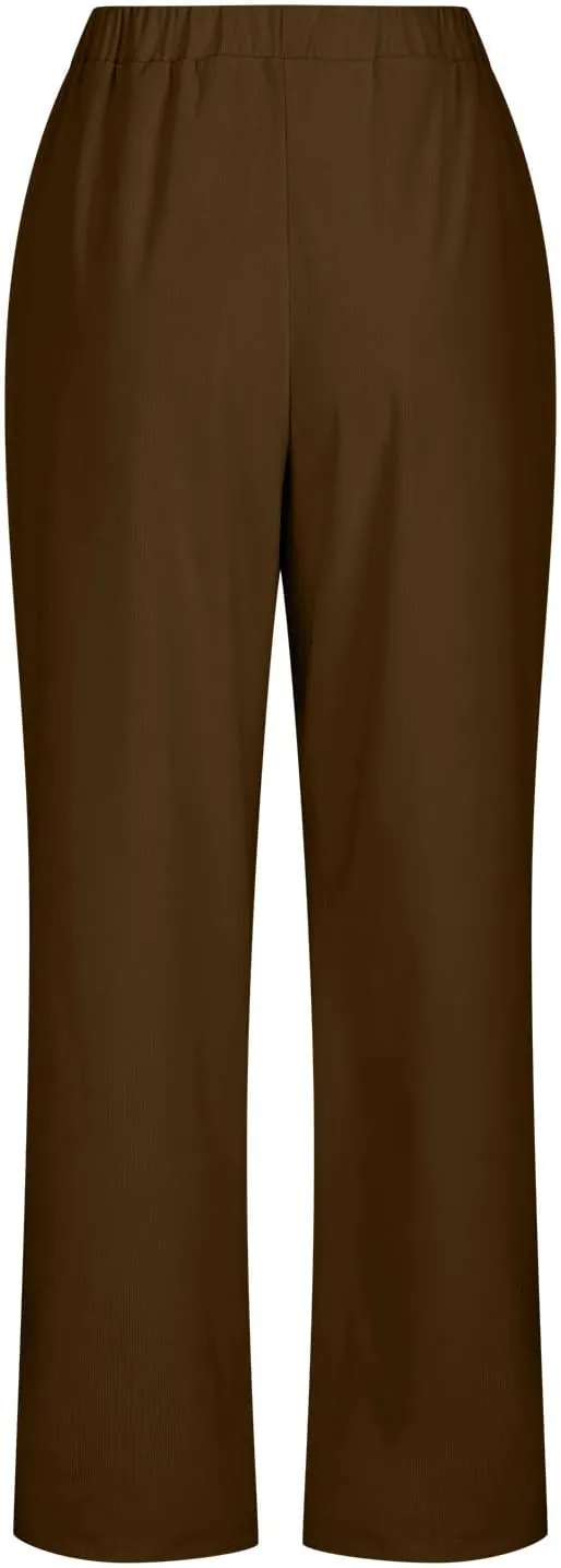 Corduroy Pants for Women Elastic High Waist Pull On Straight Leg Slacks Casual Spring Fall Trousers with Pockets
