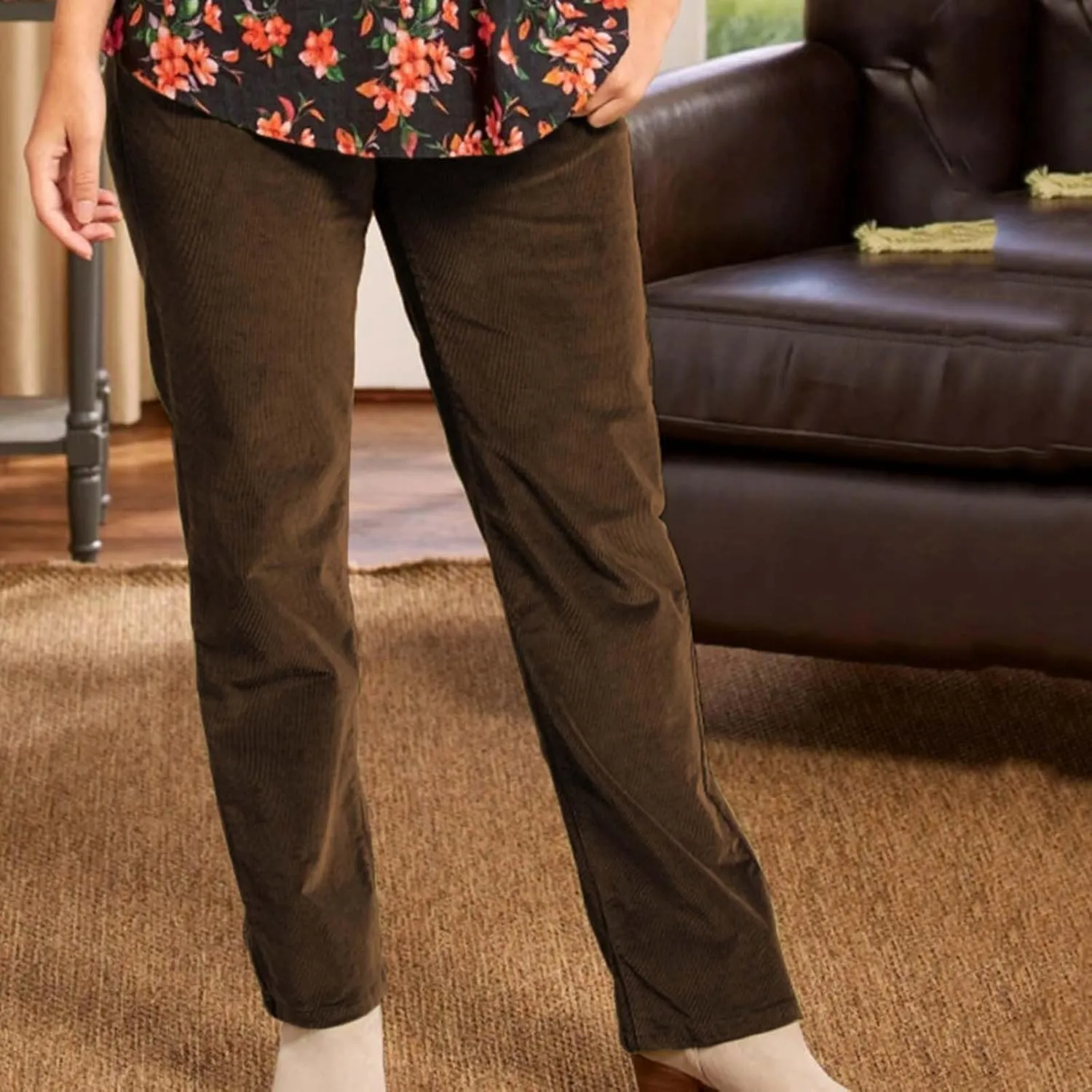 Corduroy Pants for Women Elastic High Waist Pull On Straight Leg Slacks Casual Spring Fall Trousers with Pockets