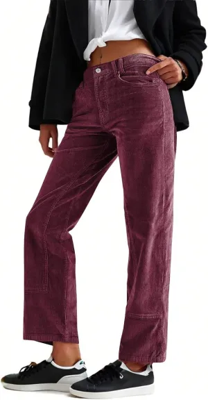Corduroy Pants Women Brown Elastic Waist Straight Leg Pants Casual Loose Vintage Pants Comfy Trousers with Pockets