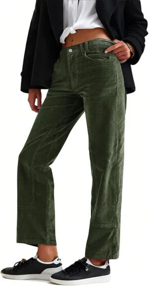 Corduroy Pants Women Brown Elastic Waist Straight Leg Pants Casual Loose Vintage Pants Comfy Trousers with Pockets