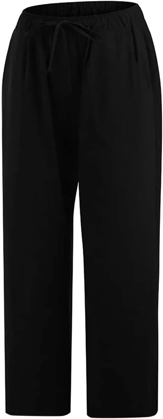 Cotton Linen Capris for Women Summer Casual Loose Cropped Pants Wide Leg Elastic Waist Lounge Pant with Pockets