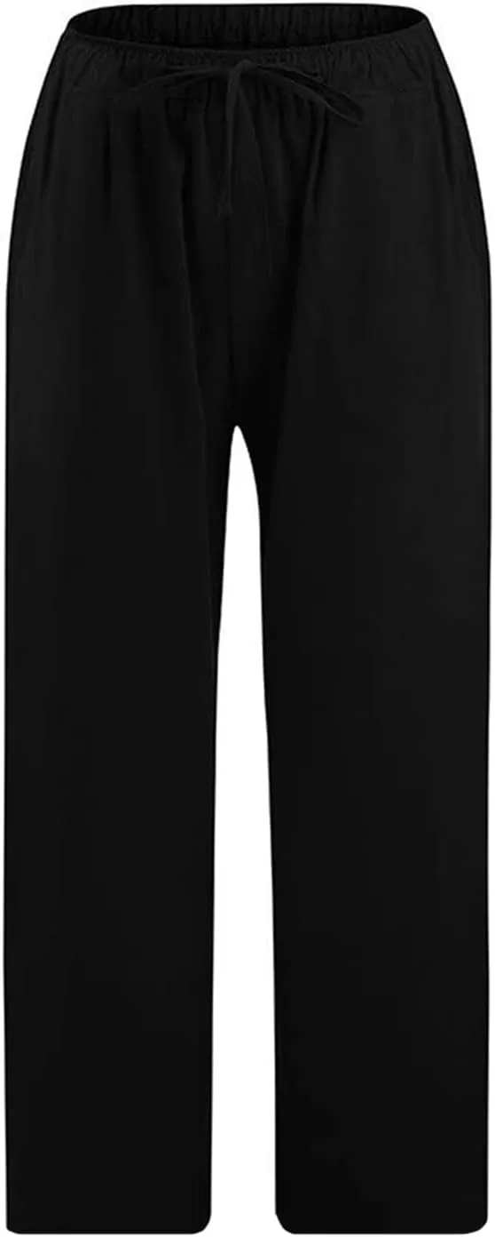 Cotton Linen Capris for Women Summer Casual Loose Cropped Pants Wide Leg Elastic Waist Lounge Pant with Pockets