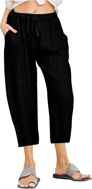 Cotton Linen Capris for Women Summer Casual Loose Cropped Pants Wide Leg Elastic Waist Lounge Pant with Pockets