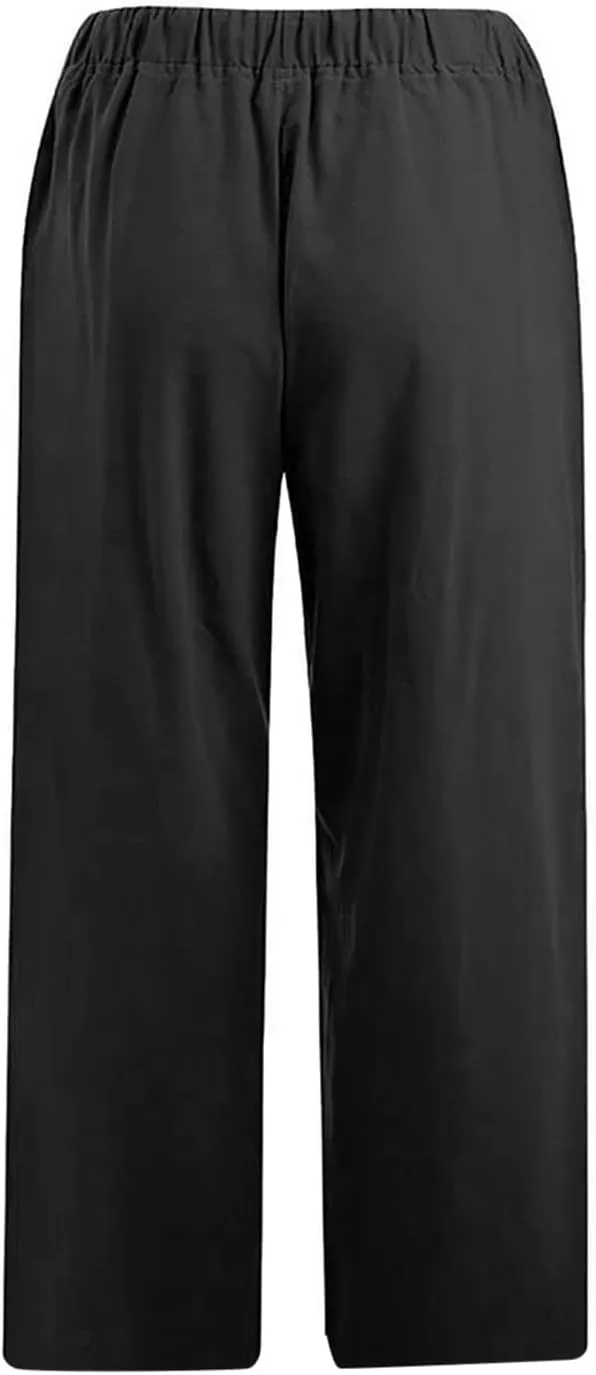 Cotton Linen Capris for Women Summer Casual Loose Cropped Pants Wide Leg Elastic Waist Lounge Pant with Pockets