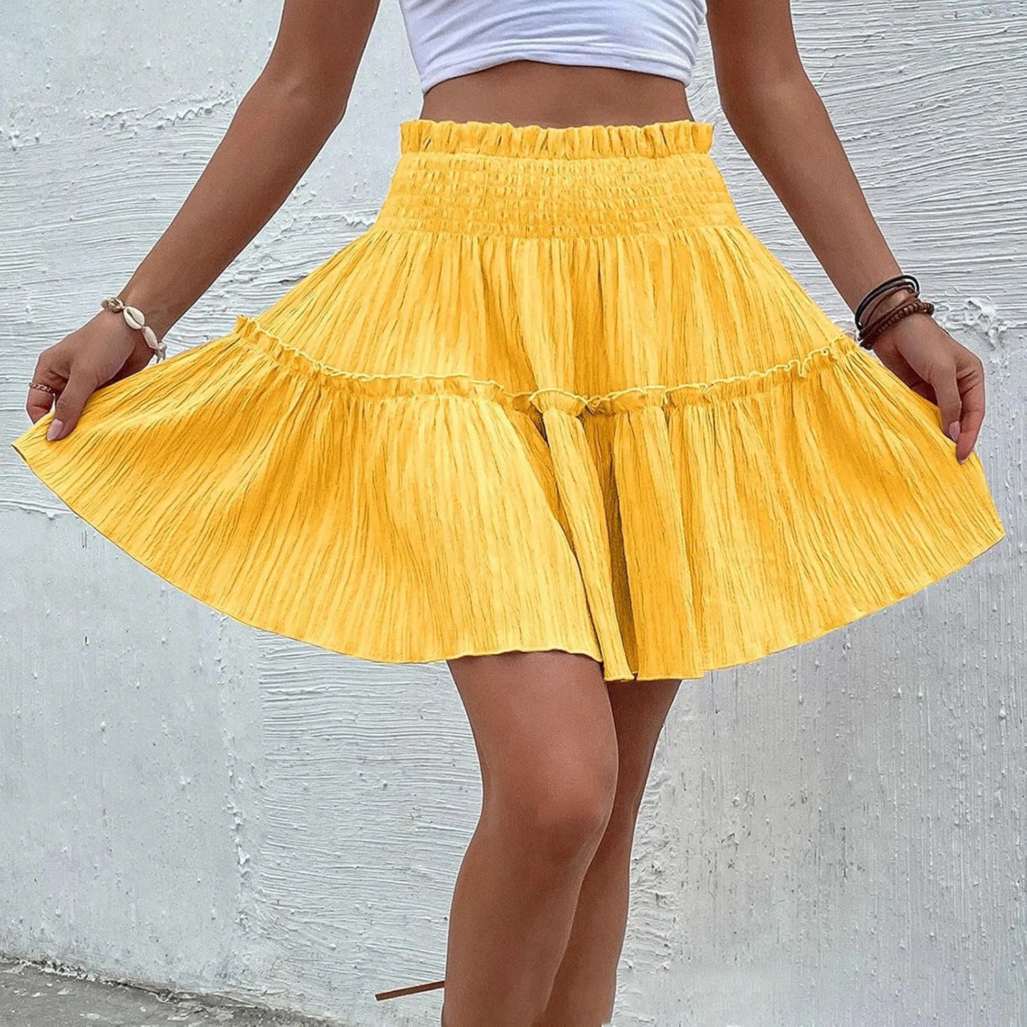 Cotton Linen Short Skirts for Women Pleated Skirts for Women Tiered Skirts Ruffle Pleated High Waisted Mini Skirts