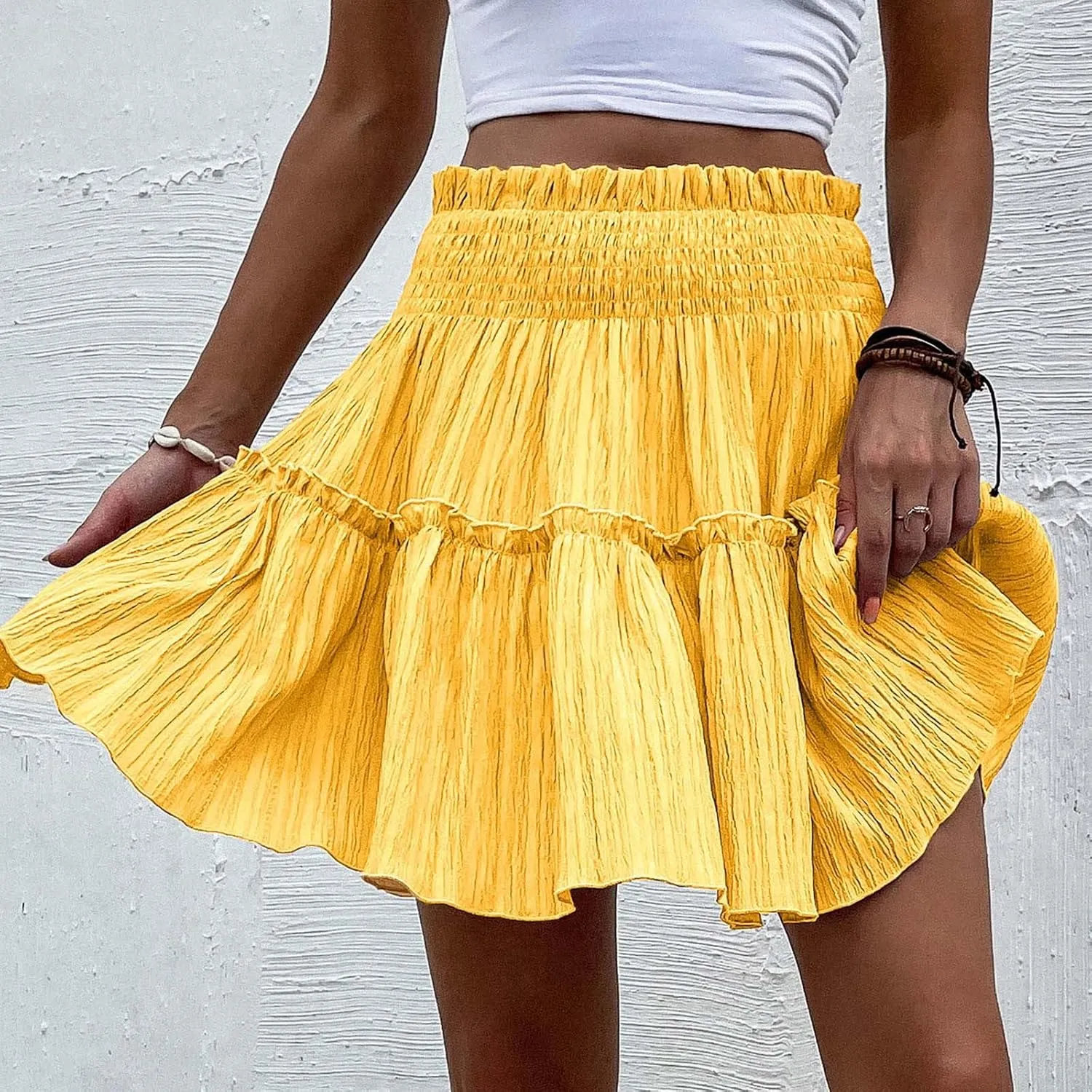 Cotton Linen Short Skirts for Women Pleated Skirts for Women Tiered Skirts Ruffle Pleated High Waisted Mini Skirts