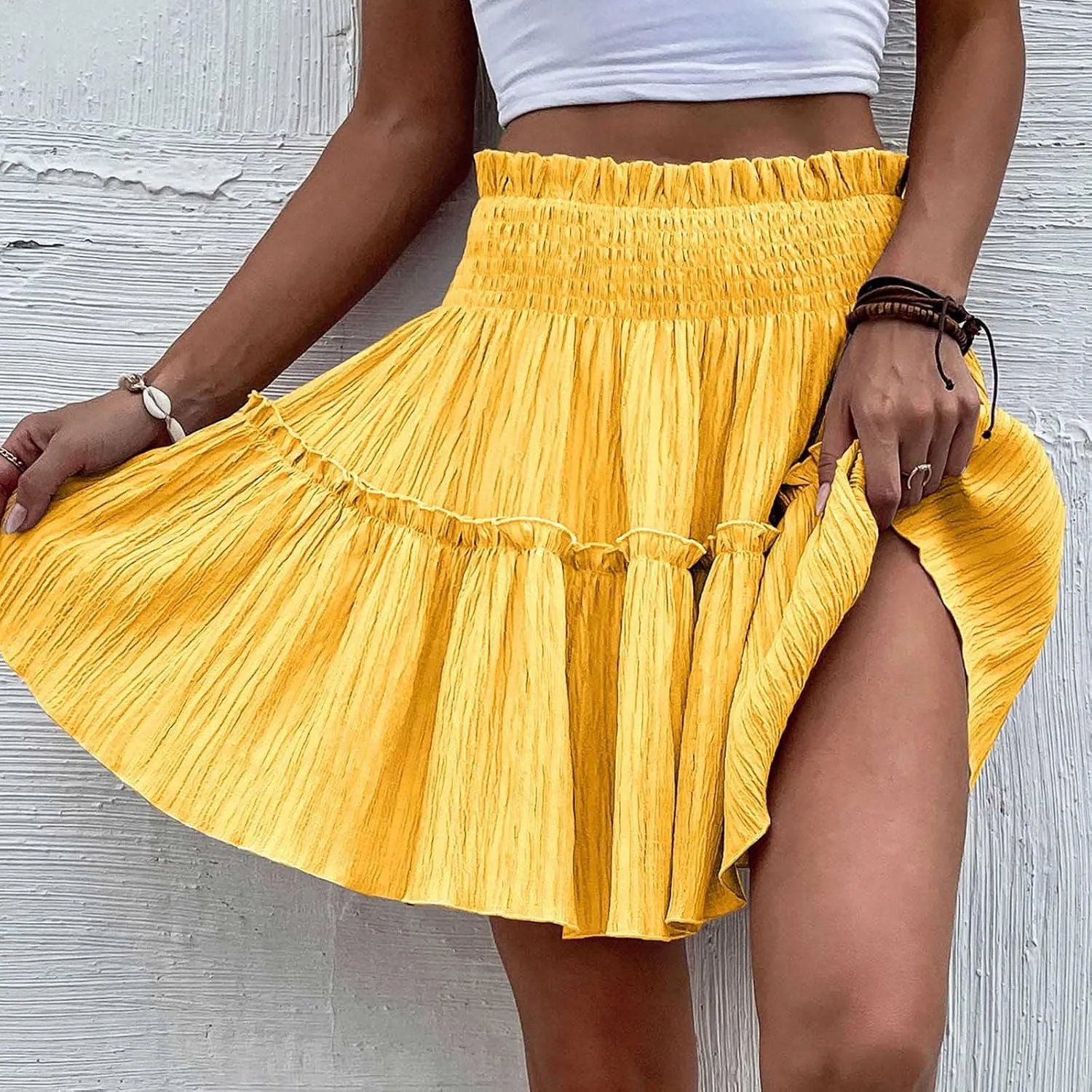 Cotton Linen Short Skirts for Women Pleated Skirts for Women Tiered Skirts Ruffle Pleated High Waisted Mini Skirts