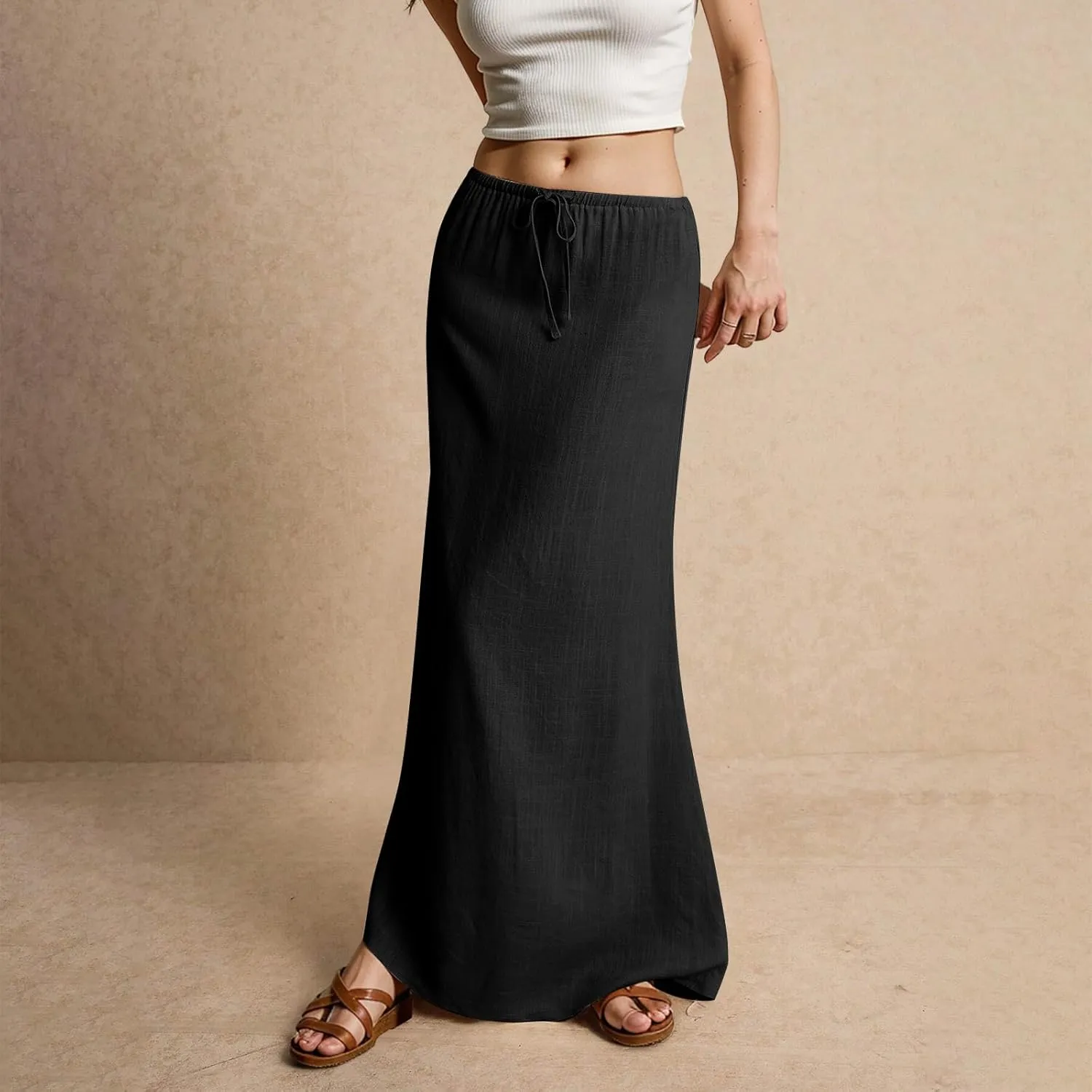 Cotton Linen Skirts for Women Maxi Length Summer Skirts Drawstring Low Rise A-Line Casual Loose Flowy Long Beach Skirt