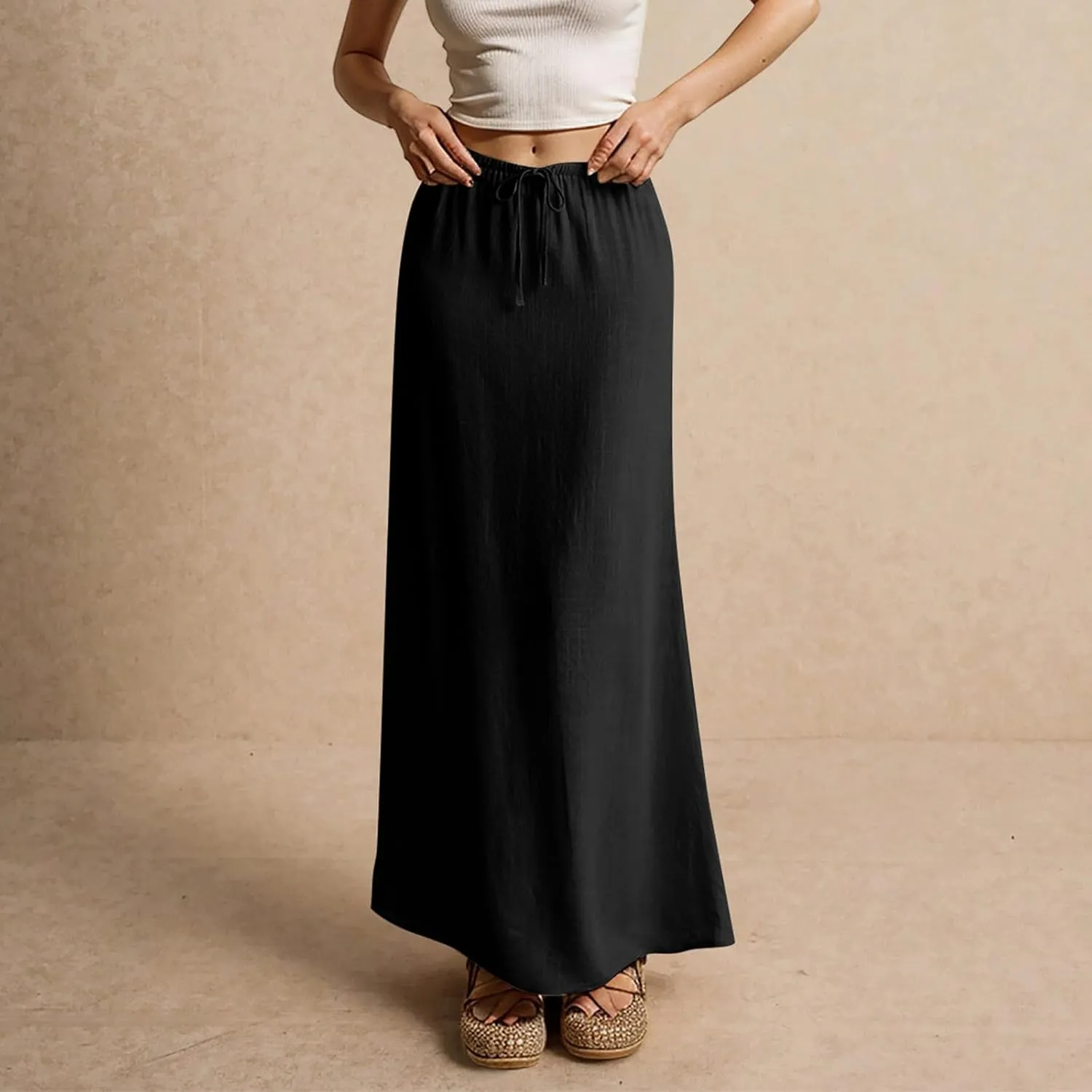 Cotton Linen Skirts for Women Maxi Length Summer Skirts Drawstring Low Rise A-Line Casual Loose Flowy Long Beach Skirt