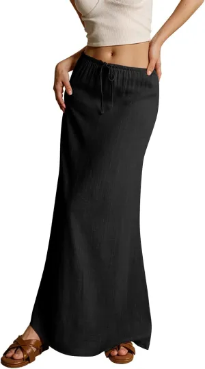 Cotton Linen Skirts for Women Maxi Length Summer Skirts Drawstring Low Rise A-Line Casual Loose Flowy Long Beach Skirt