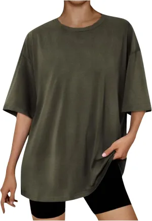 Cotton Summer Tops for Women 2024 Trendy Drop Shoulder Oversized Shirt Short Sleeve Crewneck Blouse Tee Ladies Tshirt