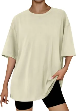 Cotton Summer Tops for Women 2024 Trendy Drop Shoulder Oversized Shirt Short Sleeve Crewneck Blouse Tee Ladies Tshirt