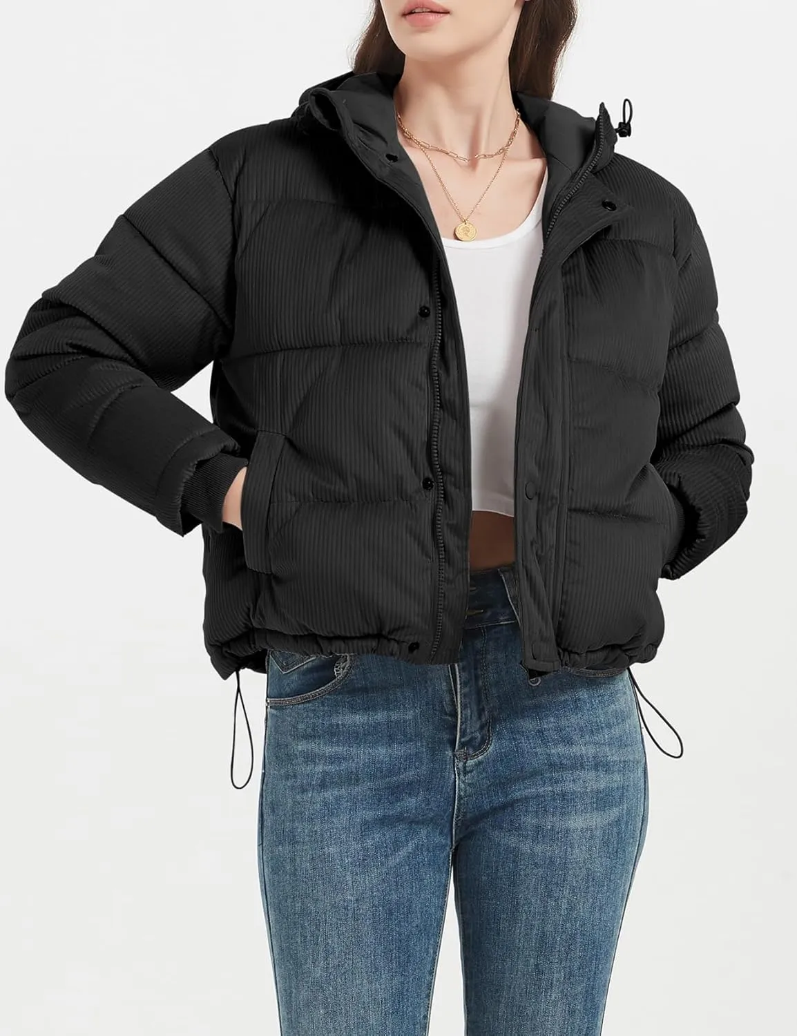 COZYPOIN Women's Winter Puffer Coats Corduroy Down Jacket Quilted Hooded Warm Padded Outerwear