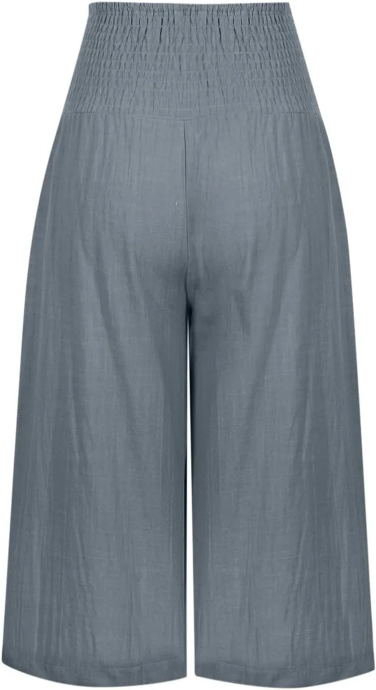 Cropped Linen Pants Women High Waisted Flare Wide Leg Capri Work Pants Business Casual Knee Length Pants with Pockets
