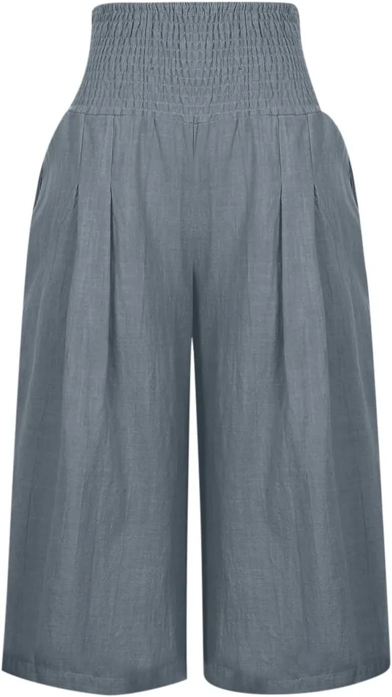 Cropped Linen Pants Women High Waisted Flare Wide Leg Capri Work Pants Business Casual Knee Length Pants with Pockets