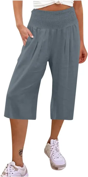 Cropped Linen Pants Women High Waisted Flare Wide Leg Capri Work Pants Business Casual Knee Length Pants with Pockets