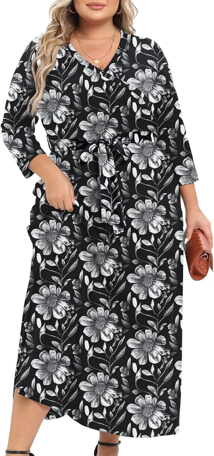 CZRLHYT Plus Size Maxi Dress for WomenTwo Pockets - Women's Formal Long Dresses with Sleeves