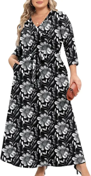 CZRLHYT Plus Size Maxi Dress for WomenTwo Pockets - Women's Formal Long Dresses with Sleeves