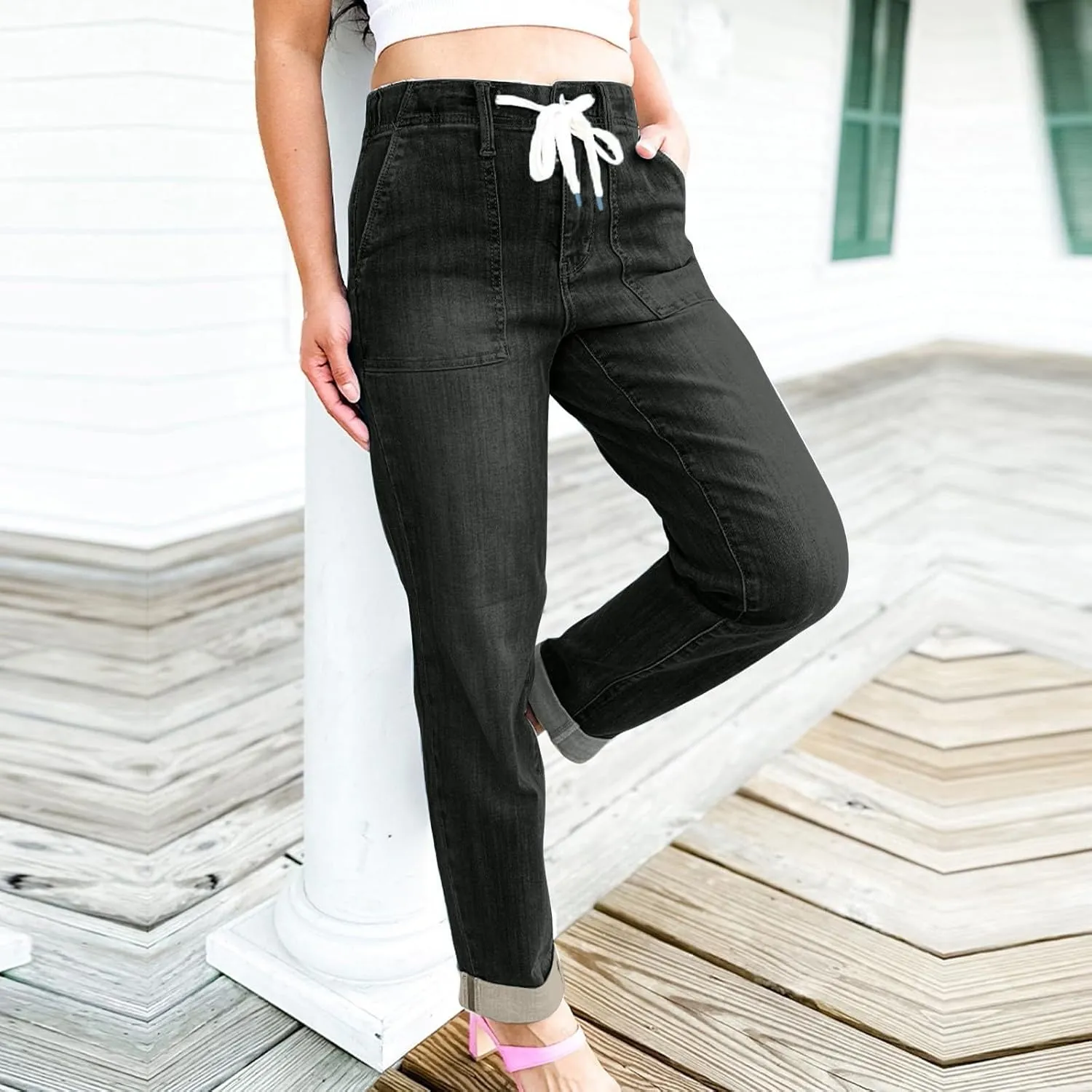 Denim Pants for Women Casual High Waisted Drawstring Jeans with Pockets Y2K Lightweight Straight Leg Jeans