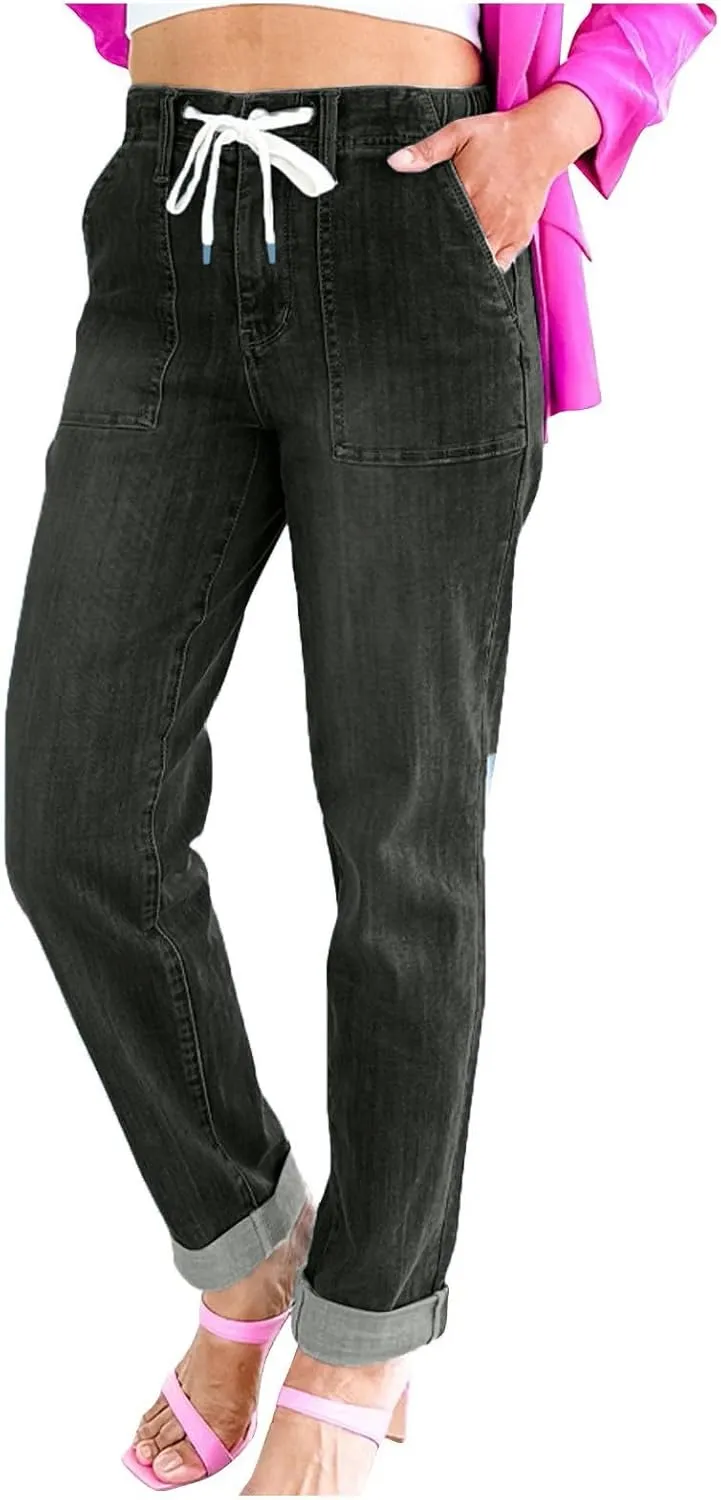 Denim Pants for Women Casual High Waisted Drawstring Jeans with Pockets Y2K Lightweight Straight Leg Jeans