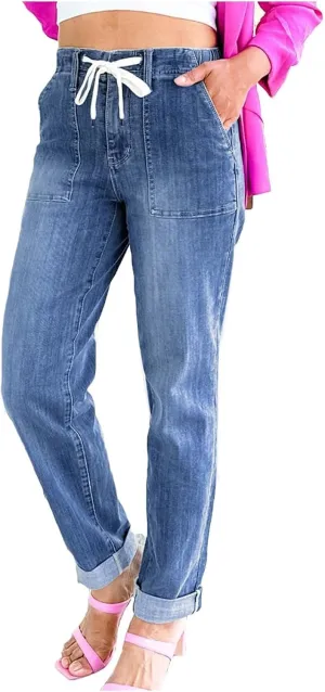 Denim Pants for Women Casual High Waisted Drawstring Jeans with Pockets Y2K Lightweight Straight Leg Jeans