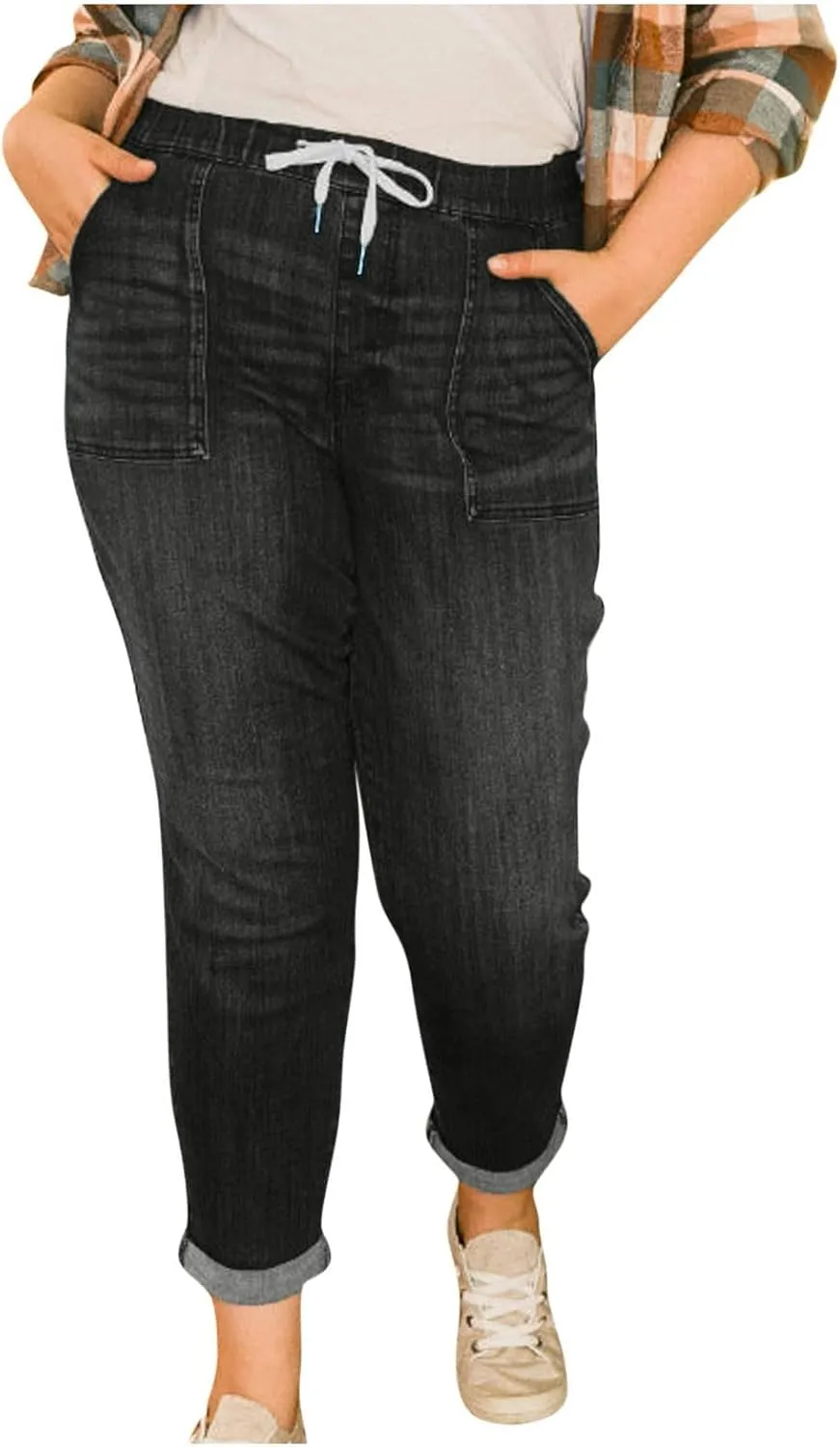 Denim Pants for Women Casual High Waisted Drawstring Jeans with Pockets Y2K Lightweight Straight Leg Jeans