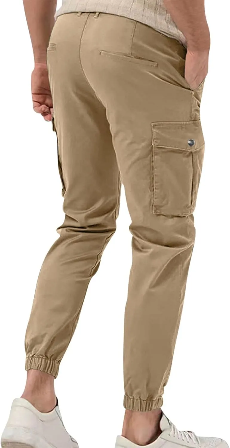 Dgoopd Straight Leg Cargo Pants Men Drawstring Elastic Waist Casual Cargo Pant Mens Cargo Work Pants with Multi Pocket