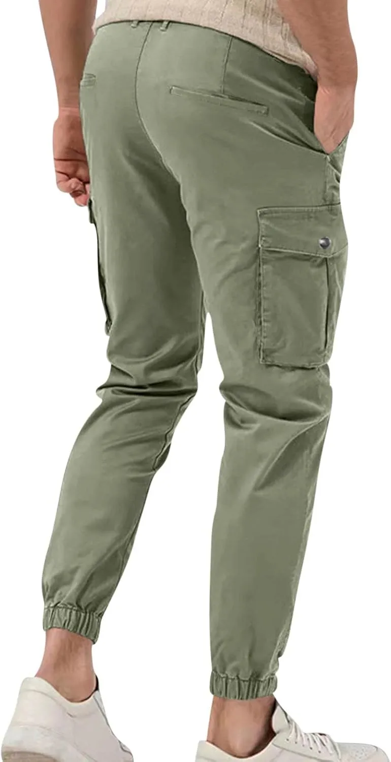 Dgoopd Straight Leg Cargo Pants Men Drawstring Elastic Waist Casual Cargo Pant Mens Cargo Work Pants with Multi Pocket