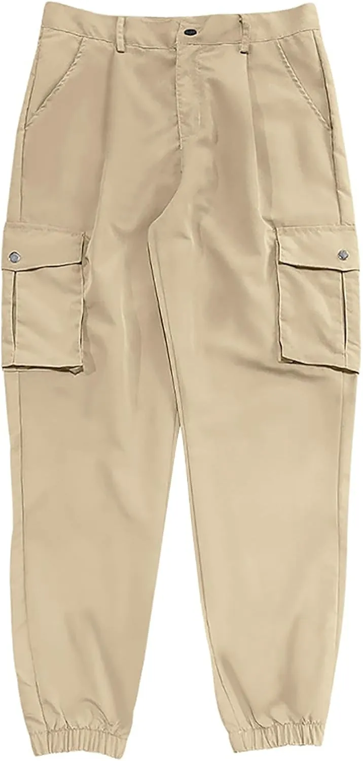 Dgoopd Straight Leg Cargo Pants Men Drawstring Elastic Waist Casual Cargo Pant Mens Cargo Work Pants with Multi Pocket