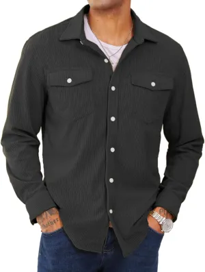 EKLENTSON Men's Corduroy Jackets Button Up Shirt Long Sleeve Ribbed Shacket Lightweight Shirt Jacket with Chest Pockets
