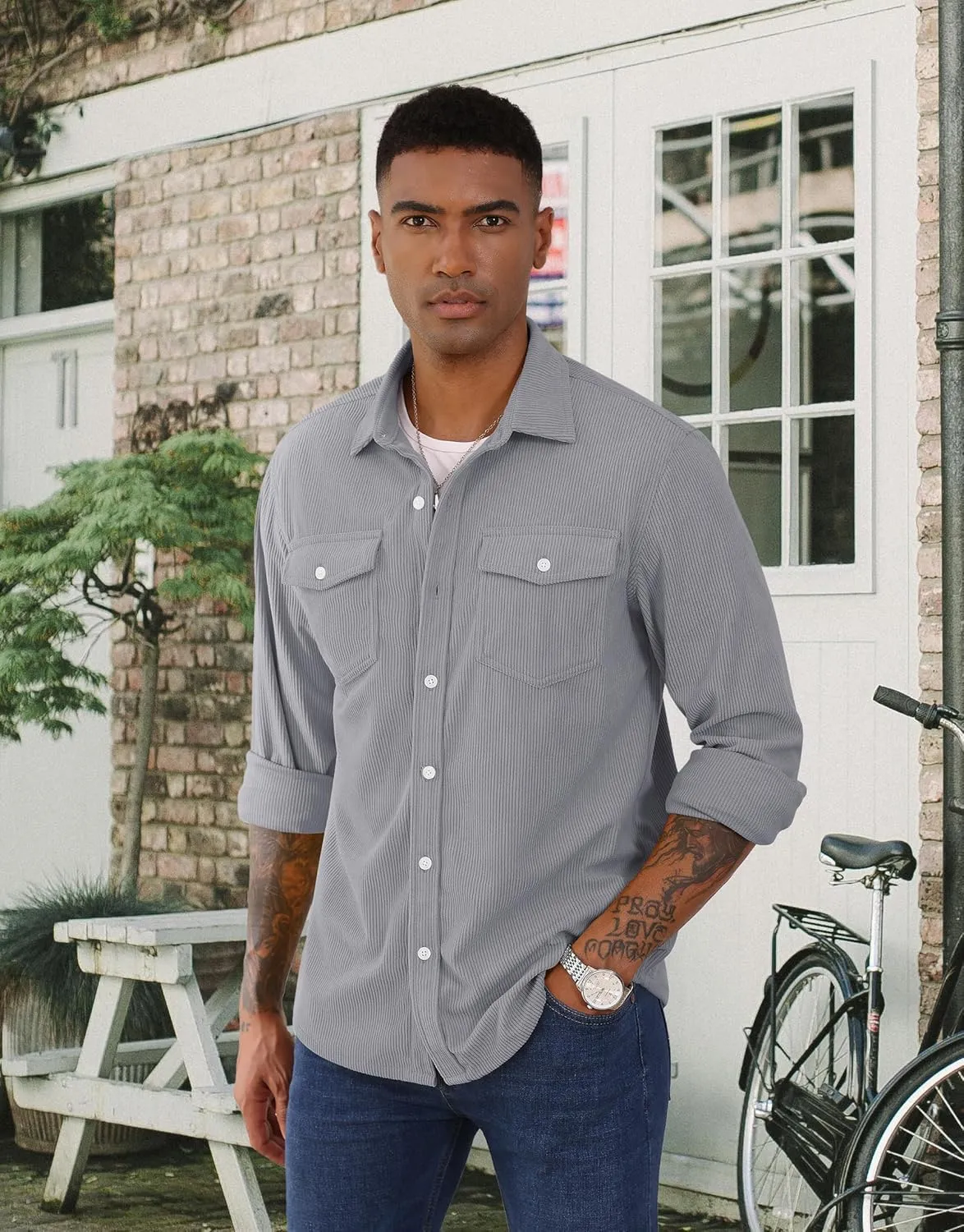 EKLENTSON Men's Corduroy Jackets Button Up Shirt Long Sleeve Ribbed Shacket Lightweight Shirt Jacket with Chest Pockets