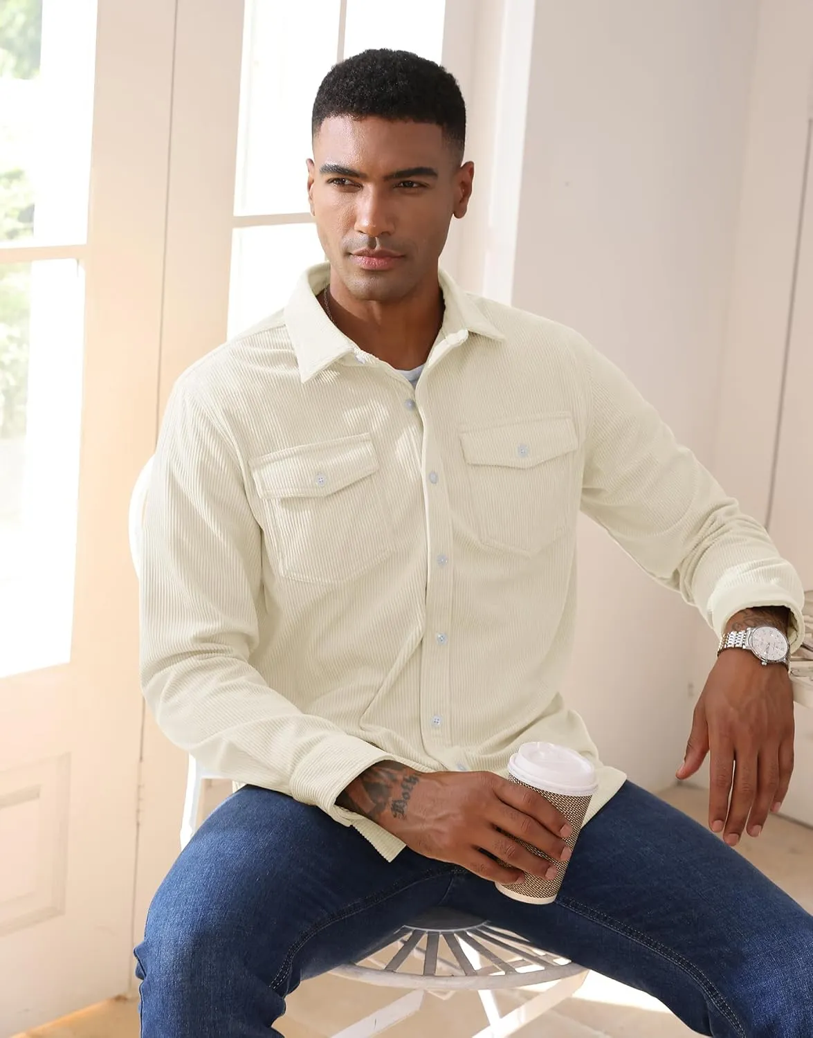 EKLENTSON Men's Corduroy Jackets Button Up Shirt Long Sleeve Ribbed Shacket Lightweight Shirt Jacket with Chest Pockets