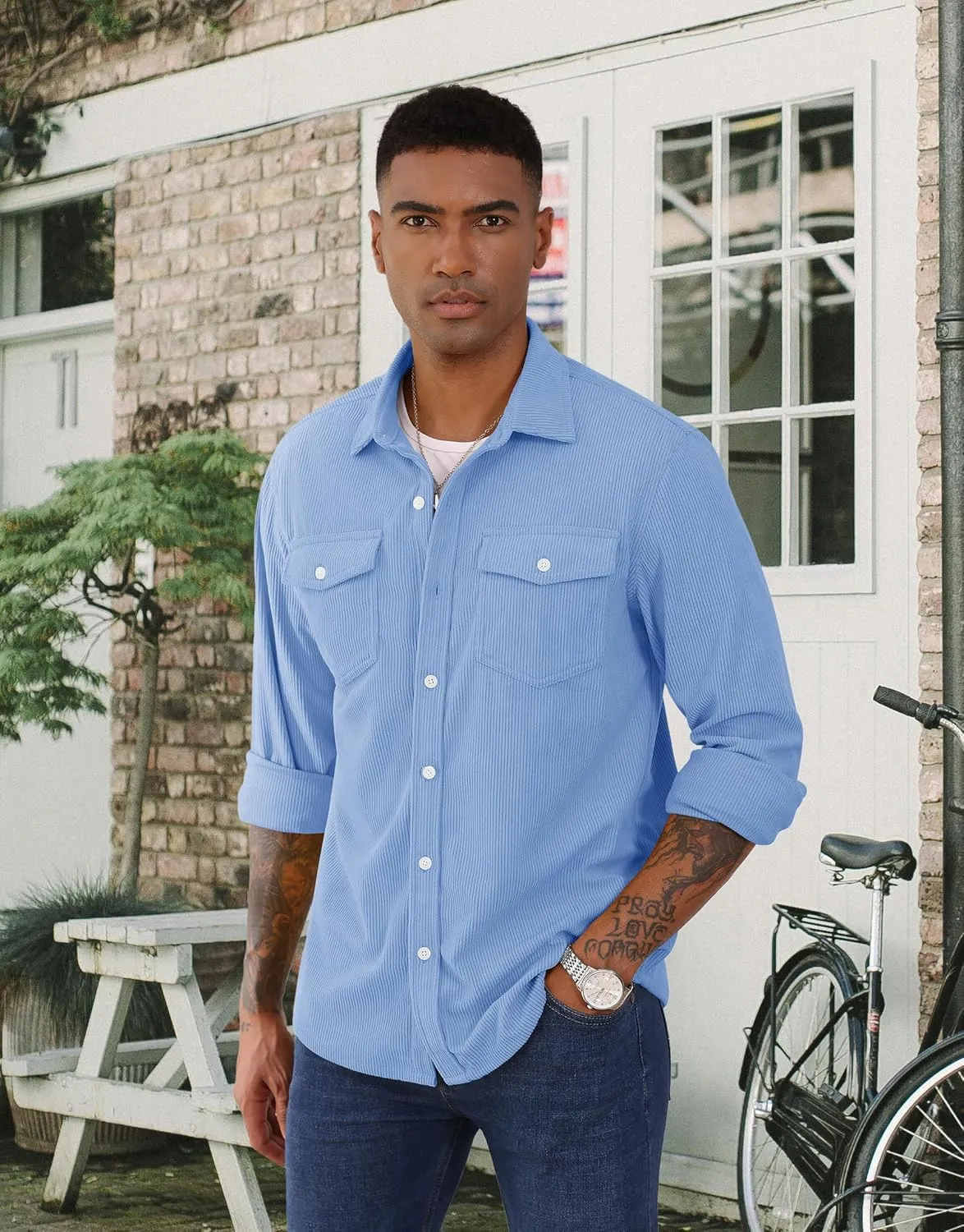 EKLENTSON Men's Corduroy Jackets Button Up Shirt Long Sleeve Ribbed Shacket Lightweight Shirt Jacket with Chest Pockets