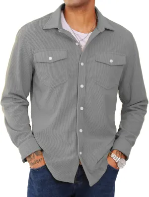 EKLENTSON Men's Corduroy Jackets Button Up Shirt Long Sleeve Ribbed Shacket Lightweight Shirt Jacket with Chest Pockets