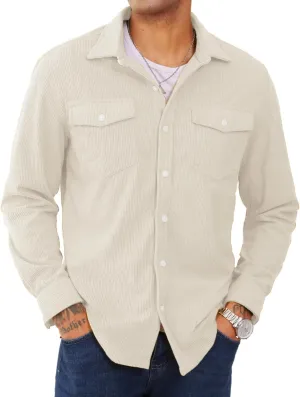 EKLENTSON Men's Corduroy Jackets Button Up Shirt Long Sleeve Ribbed Shacket Lightweight Shirt Jacket with Chest Pockets