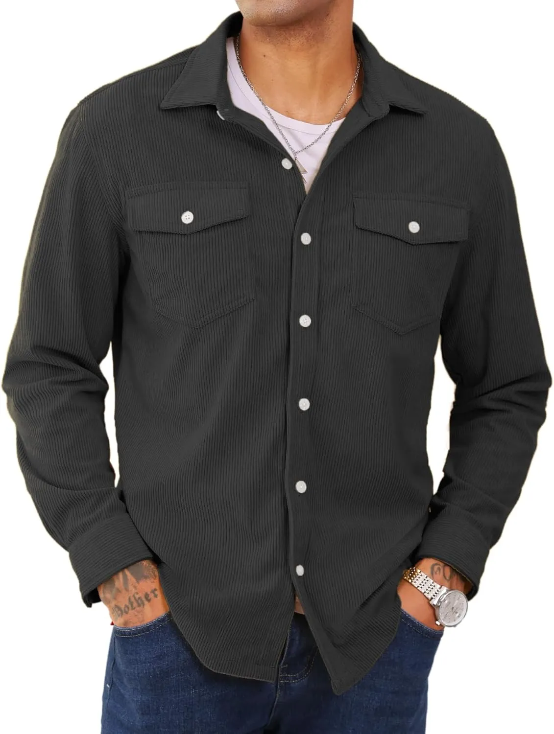 EKLENTSON Men's Corduroy Jackets Button Up Shirt Long Sleeve Ribbed Shacket Lightweight Shirt Jacket with Chest Pockets