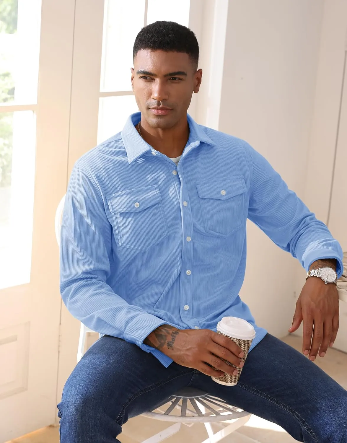 EKLENTSON Men's Corduroy Jackets Button Up Shirt Long Sleeve Ribbed Shacket Lightweight Shirt Jacket with Chest Pockets