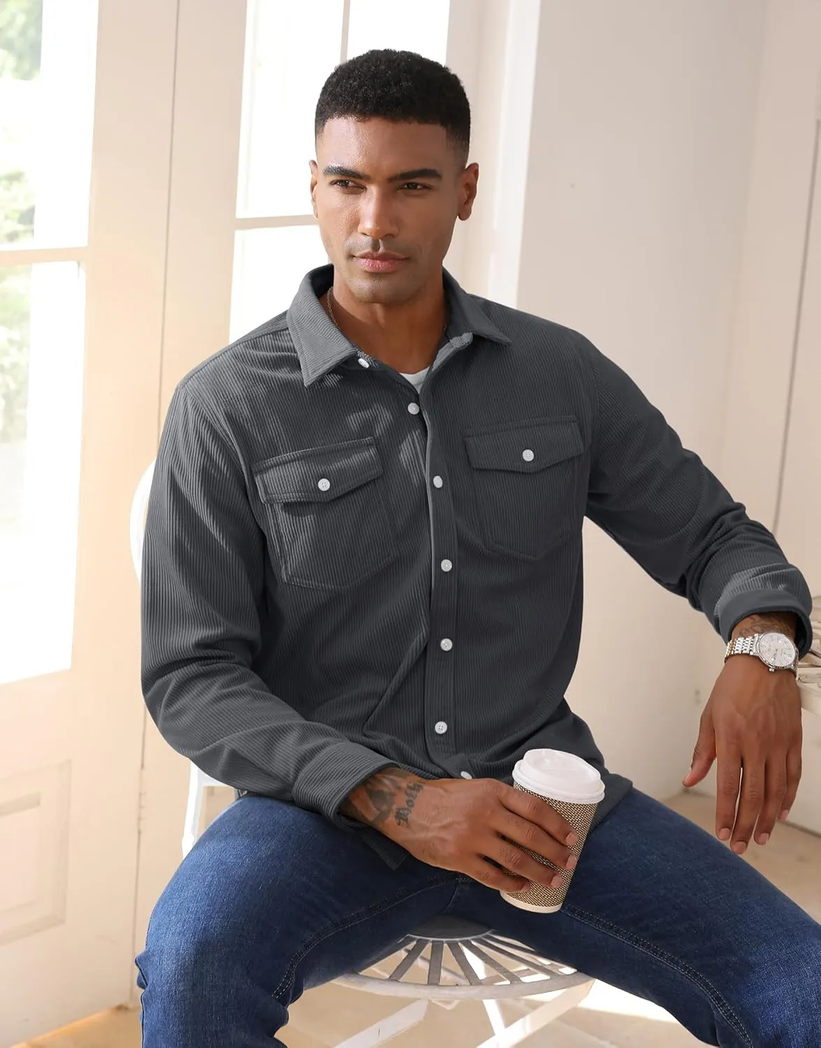 EKLENTSON Men's Corduroy Jackets Button Up Shirt Long Sleeve Ribbed Shacket Lightweight Shirt Jacket with Chest Pockets