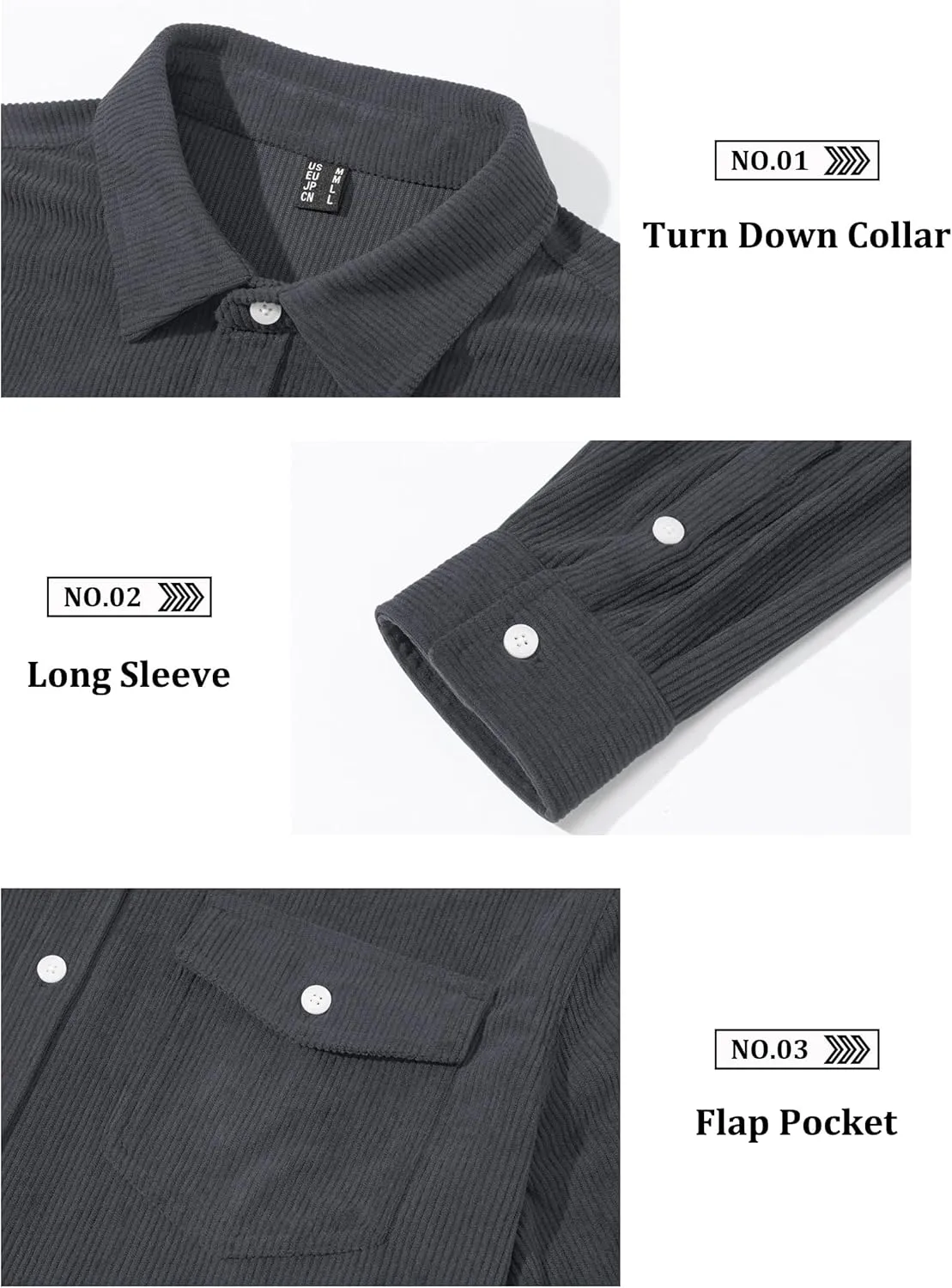 EKLENTSON Men's Corduroy Jackets Button Up Shirt Long Sleeve Ribbed Shacket Lightweight Shirt Jacket with Chest Pockets