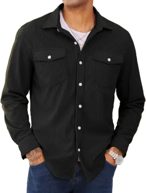 EKLENTSON Men's Corduroy Jackets Button Up Shirt Long Sleeve Ribbed Shacket Lightweight Shirt Jacket with Chest Pockets
