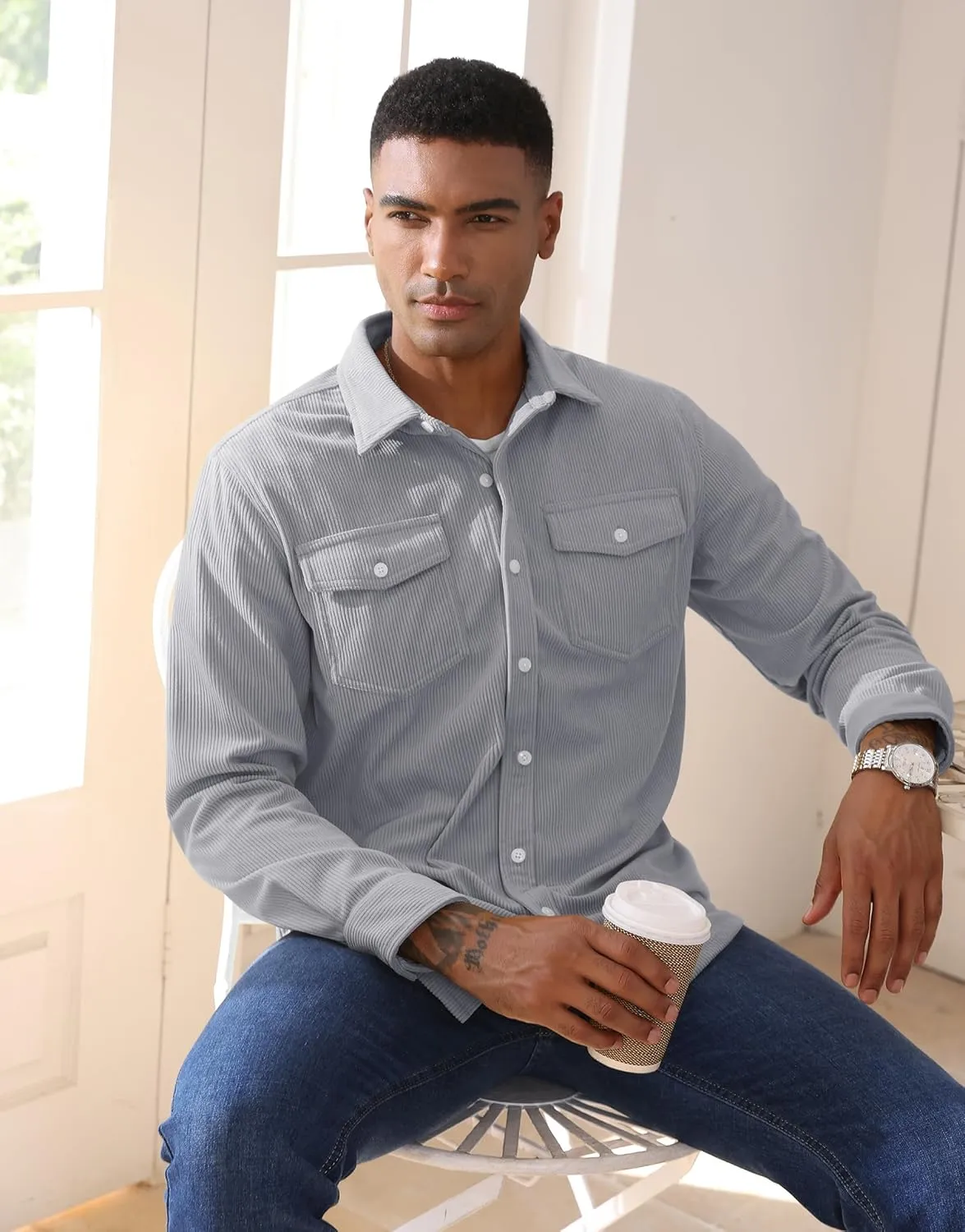 EKLENTSON Men's Corduroy Jackets Button Up Shirt Long Sleeve Ribbed Shacket Lightweight Shirt Jacket with Chest Pockets