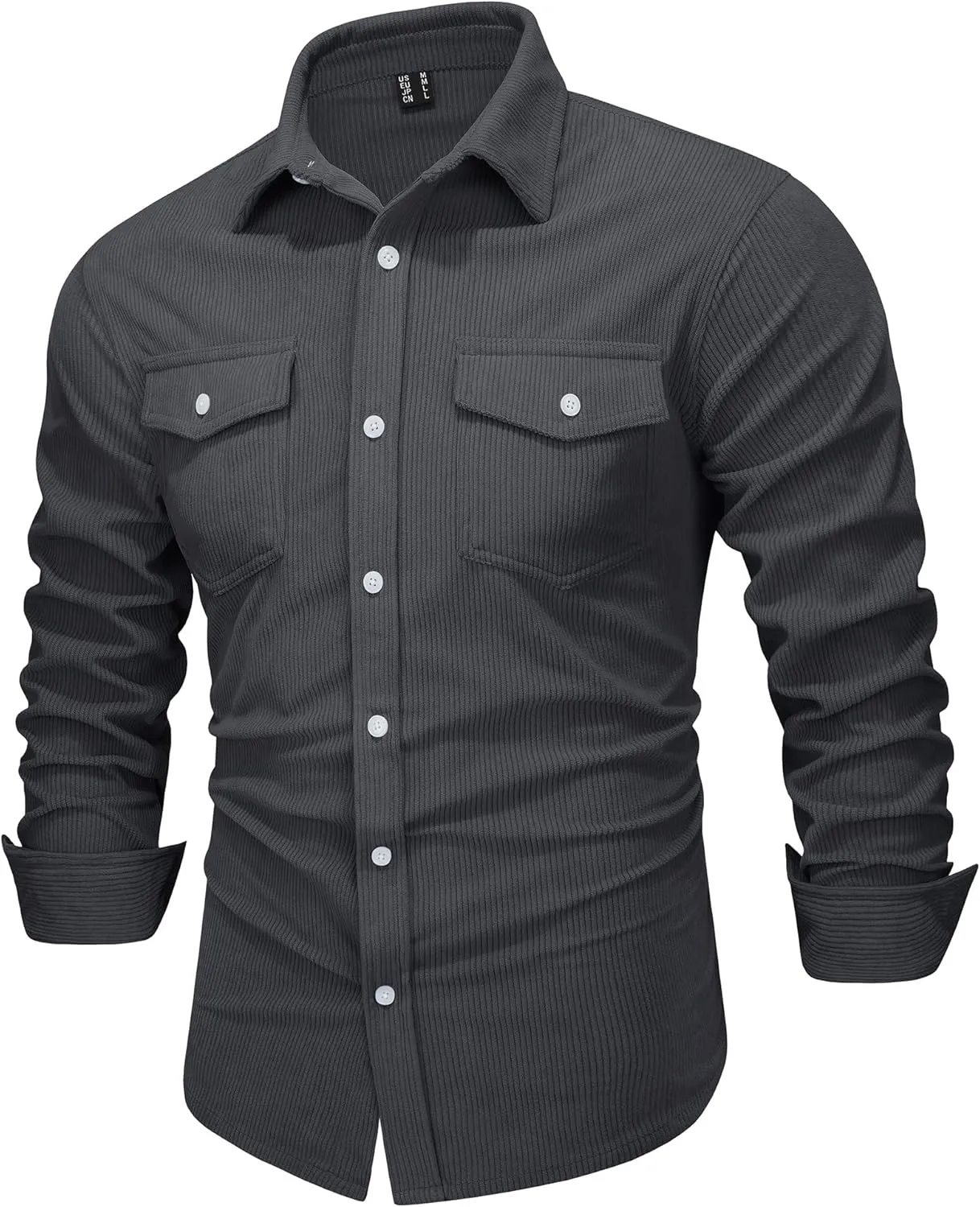 EKLENTSON Men's Corduroy Jackets Button Up Shirt Long Sleeve Ribbed Shacket Lightweight Shirt Jacket with Chest Pockets