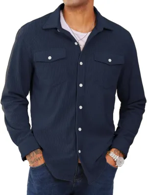 EKLENTSON Men's Corduroy Jackets Button Up Shirt Long Sleeve Ribbed Shacket Lightweight Shirt Jacket with Chest Pockets